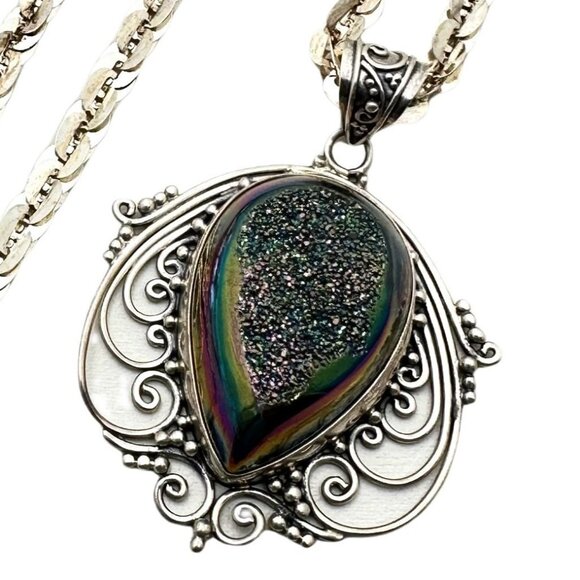 Multicolor Druzy Quartz Gemstone Sterling Silver Necklace Pretty Chain 22 Grams - Picture 1 of 2